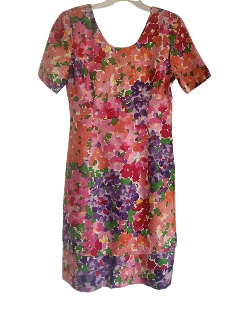 Floral Short-Sleeve Linen Shift Dress in Pink Sz 10